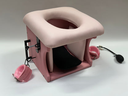 Adjustable smotherbox queening chair for BDSM sensory deprivation

Padded smotherbox queening chair in white for restraint play

Black smotherbox queening chair with adjustable ventilation

Pink smotherbox queening chair for solo or partner sensory play