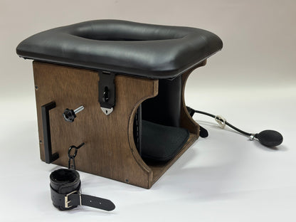 Adjustable smotherbox queening chair for BDSM sensory deprivation

Padded smotherbox queening chair in white for restraint play

Black smotherbox queening chair with adjustable ventilation

Pink smotherbox queening chair for solo or partner sensory play