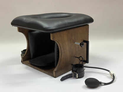 Adjustable smotherbox queening chair for BDSM sensory deprivation

Padded smotherbox queening chair in white for restraint play

Black smotherbox queening chair with adjustable ventilation

Pink smotherbox queening chair for solo or partner sensory play