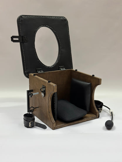 Adjustable smotherbox queening chair for BDSM sensory deprivation

Padded smotherbox queening chair in white for restraint play

Black smotherbox queening chair with adjustable ventilation

Pink smotherbox queening chair for solo or partner sensory play