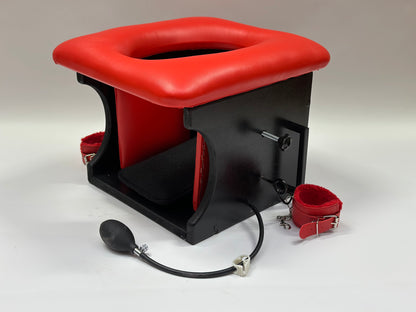 Adjustable smotherbox queening chair for BDSM sensory deprivation

Padded smotherbox queening chair in white for restraint play

Black smotherbox queening chair with adjustable ventilation

Pink smotherbox queening chair for solo or partner sensory play
