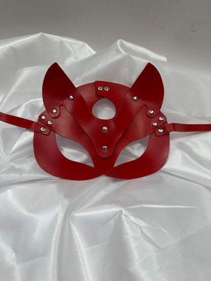 Handmade faux leather cat mask in black, red, and pink – cosplay, costume & roleplay accessory