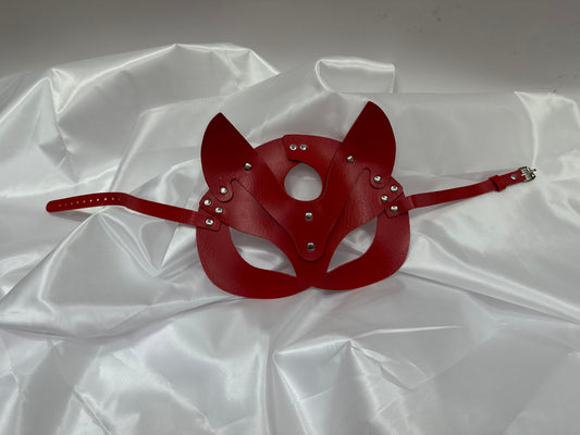 Handmade faux leather cat mask in black, red, and pink – cosplay, costume & roleplay accessory