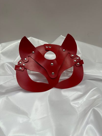 Handmade faux leather cat mask in black, red, and pink – cosplay, costume & roleplay accessory