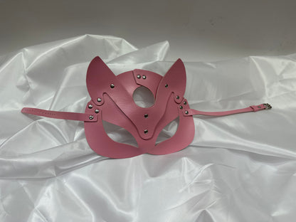 Handmade faux leather cat mask in black, red, and pink – cosplay, costume & roleplay accessory