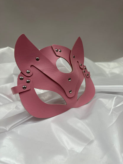 Handmade faux leather cat mask in black, red, and pink – cosplay, costume & roleplay accessory