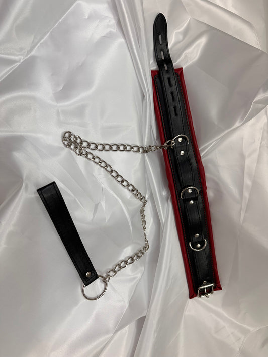 Luxury leather collar with adjustable buckle and matching metal leash, perfect for cosplay, BDSM, gothic fashion, and stylish restraint play