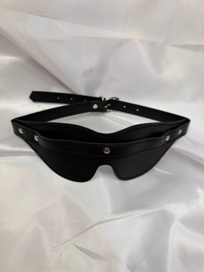 Adjustable faux leather blindfold for sensory play and BDSM, stylish and comfortable with secure strap