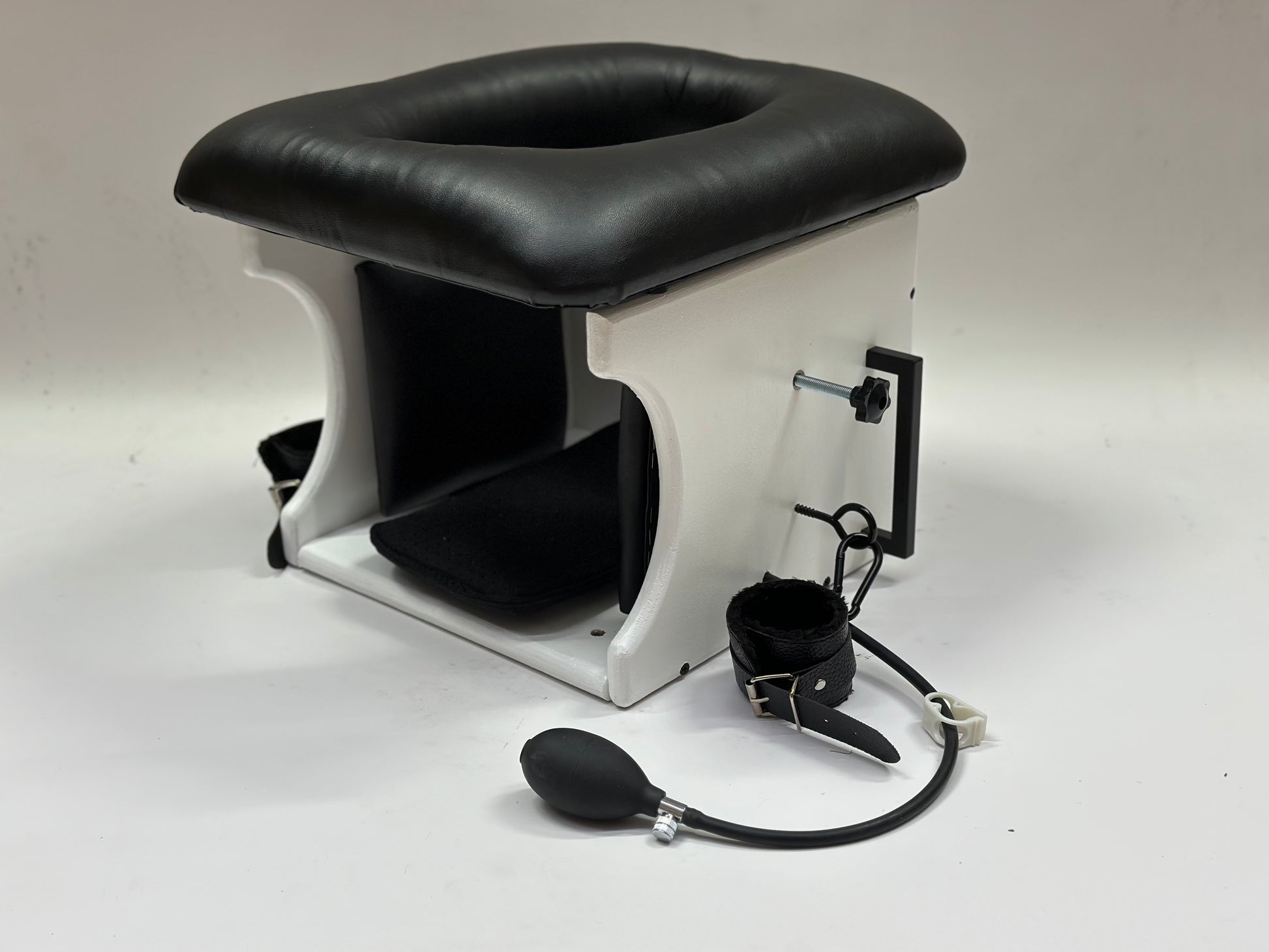 Intense Smotherbox Queening Chair with cushioned seat and sturdy wooden frame for sensory and BDSM play – discreet packaging included