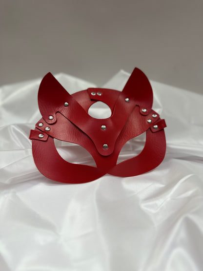Handmade faux leather cat mask in black, red, and pink – cosplay, costume & roleplay accessory