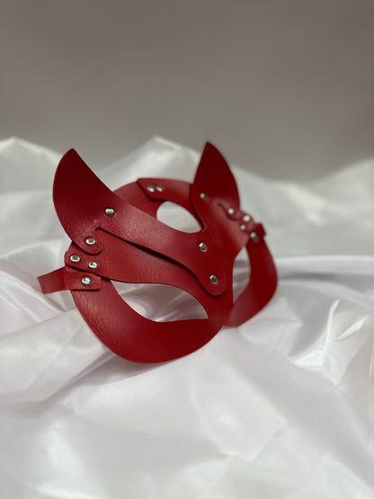 Handmade faux leather cat mask in black, red, and pink – cosplay, costume & roleplay accessory