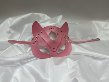 Handmade faux leather cat mask in black, red, and pink – cosplay, costume & roleplay accessory