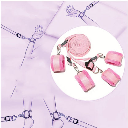Adjustable bed restraint set with soft padded cuffs for wrists and ankles, designed for secure and comfortable under-the-mattress bondage play for all bed sizes.